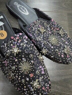 NWOT Atalina Embellished Black Floral Slip-On Mules - Size 8 But Fits Smaller